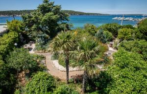 an aerial view of a garden with a palm tree at B&B Sabina Rooms & Apartments in Rab