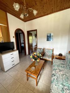 a living room with a couch and a tv and a table at Elvira Apartments in Roda