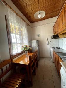 a kitchen with a wooden table and a refrigerator at Elvira Apartments in Roda