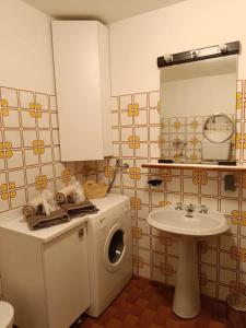 a bathroom with a washing machine and a sink at Appartamento Pizzo Cassandra in Chiesa in Valmalenco