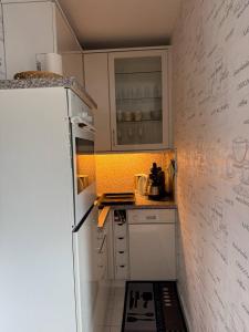 Una pequeña cocina con estufa y refrigerador. en Apartments, en Heiligenhafen