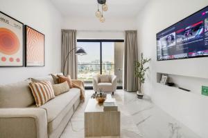 Istumisnurk majutusasutuses New 1BR with Full Balcony Gym Pool and Sauna