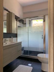 a bathroom with a shower and a sink and a toilet at Villa Mira in Ballaban