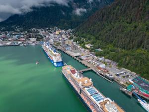 an aerial view of a cruise ship docked in a harbor at Spacious Accessible Ground Floor Getaway A101 in Juneau