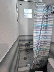 a bathroom with a toilet and a shower curtain at VintageVibes in Skala Marion