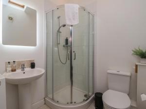 a bathroom with a shower and a toilet and a sink at Gannet in Bridlington +38 photos