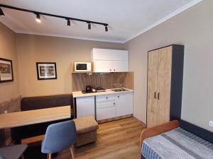 a small room with a kitchen and a table at Rali Apartments in Kiten