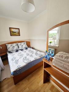 a small bedroom with a bed and a window at Pokoje Pod Zamkiem in Ratno Dolne
