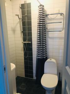 a bathroom with a toilet and a black shower curtain at Kungsgatan 36 in Borgholm