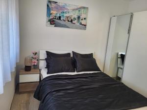 - une chambre avec un lit doté de draps noirs et d'un miroir dans l'établissement Apartmani VIR, à Vir