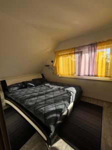 a bed in a small room with two windows at Holiday house Habjanič in Gorušenjak