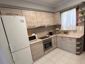 a kitchen with a white refrigerator and a sink at PerAmore Apartment in Nea Peramos
