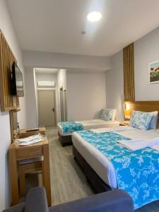 ein Hotelzimmer mit zwei Betten und einem Fernseher in der Unterkunft Hotel Panaya in Gokceada Town + 44 Fotos