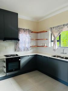 a kitchen with black cabinets and a sink at Self Catering 2 Bedroom Apartment in Matsapha
