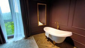 a bath tub in a bathroom with a large window at Park Gate apartment in Chernivtsi +26 photos