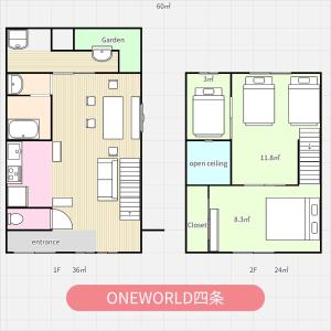 un plan d'étage d'une maison dans l'établissement GuestHouse OneWorld Shijo四条京町屋, à Kyoto