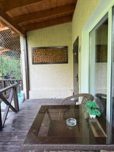 a glass table with a plant on a patio at Private in Shchūchīnsk +10 photos