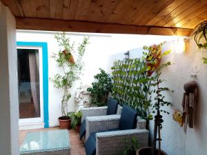 een patio met stoelen en planten aan een muur bij Casa Rustica - Courtyard House in Olhão