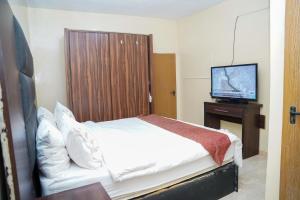 a small bedroom with a bed and a television at Twins Hotel in Nouakchott