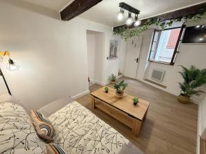 a living room with a bed and a coffee table at Le Petit Provençal à Sisteron in Sisteron