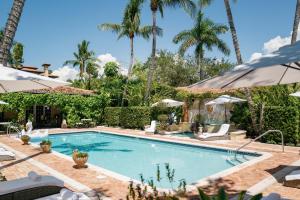 a swimming pool in a resort with palm trees at Hotel Escalante in Naples
