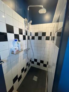a bathroom with a shower with black and white tiles at la maison des souvenirs précieux in Surtainville