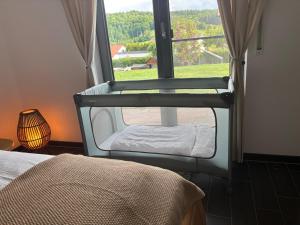 a bedroom with a bed and a window with a view at Gemütliche Ferienwohnung mit Sonnenterrasse in Schlitz