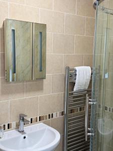 a bathroom with a sink and a glass shower at Aaron Wise - 09 Coldstream Studios in Cardiff +24 photos