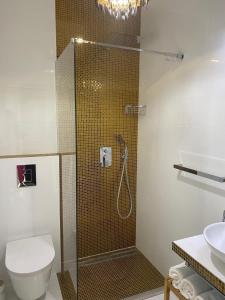 a bathroom with a shower with a toilet and a sink at Perla Hvar ApartHotel in Ivan Dolac +56 photos