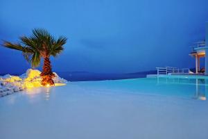 a palm tree sitting on the side of a pool at M11 - Aegean Villa - Luxury Mykonos Villa in Mýkonos City