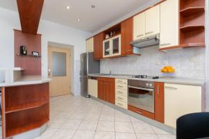 a kitchen with wooden cabinets and stainless steel appliances at Apartment Ljerka in Postira