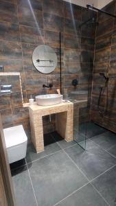 a bathroom with a sink and a shower and a toilet at La La Loft in Bytom +10 photos