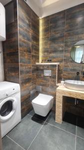 a bathroom with a toilet and a sink and a washing machine at La La Loft in Bytom