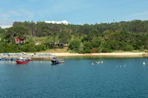 eine Gruppe von Booten im Wasser in der Nähe eines Strandes in der Unterkunft Solpor de Pedras Negras in San Vicente do Mar
