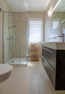 a bathroom with a shower and a toilet and a sink at Villa Danijela with private Jacuzzi and parking in Vinišće