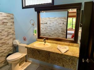a bathroom with a sink and a toilet and a mirror at Hotel La Pradera del Arenal in Fortuna