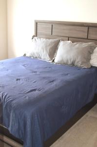 夏洛特312C State St Stylish 2BR Near Uptown Your Perfect Home Base!的一张带蓝色毯子和白色枕头的床