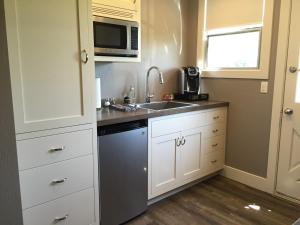 uma pequena cozinha com um lavatório e um micro-ondas em Andrea's Hidden Cottage em Sonoma