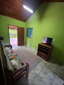 a living room with green walls and a couch and a television at Recanto da Paz - Vale da Prata in Bocaina de Minas +33 photos