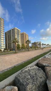 a park with some rocks and buildings and palm trees at Aqua Batumi 39 in Batumi