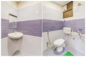 two pictures of a bathroom with a toilet and a sink at Super Townhouse Awas Vikas Kalyanpur in Kānpur +26 photos