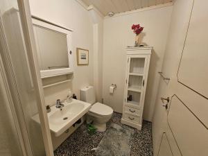 Un baño blanco con inodoro y lavabo. en Leilighet i Holmestrand, en Holmestrand