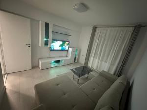 a living room with a couch and a television at Apartament Ultra Central 4 in Hunedoara