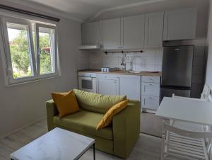 a living room with a couch and a kitchen at Artist Studio in Kampor