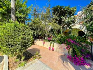a garden with pink flowers on a wall at Beach Town House, Green Garden, 2 bedrooms, 2 bathrooms in Paphos City