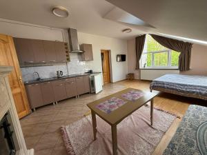a kitchen and living room with a table and a bed at Rest in Palanga in Palanga