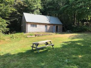 a picnic table in the grass in front of a cabin at Woodland Lodge in London