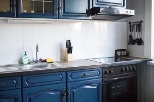 a kitchen with blue cabinets and a sink at Castra Holidays GmbH 