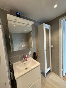 a bathroom with a sink and a mirror at Wonderful apartment in centrum in Tromsø