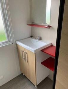a bathroom with a sink and a mirror at Camping 3 étoiles - Parc aquatique - ccaehgc in Déols